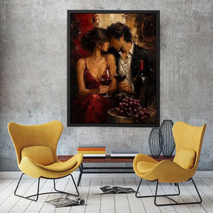 Romantic couple wine canvas art in deep red tones for dining room decor.