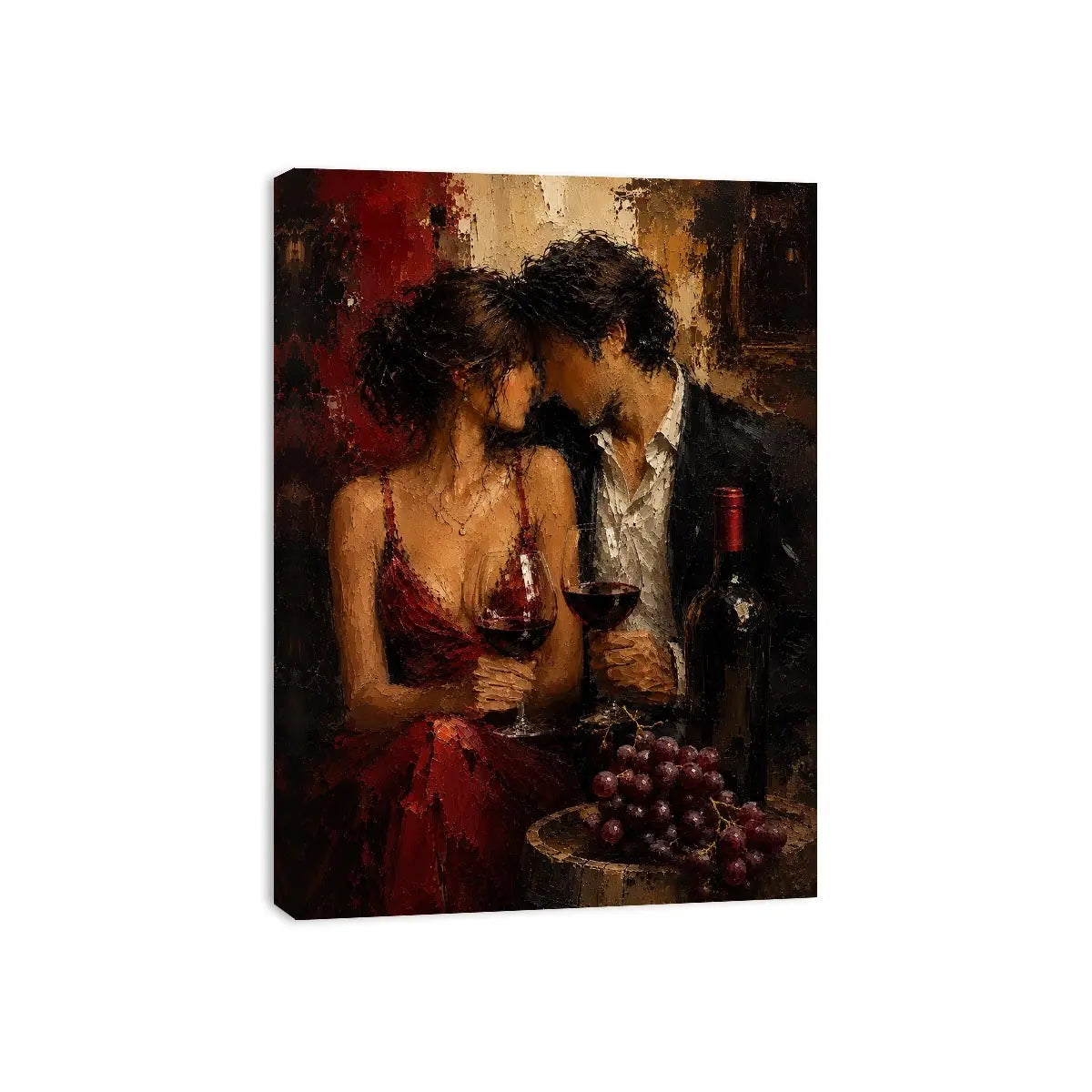 Romantic couple wine canvas art in deep red tones for dining room decor.