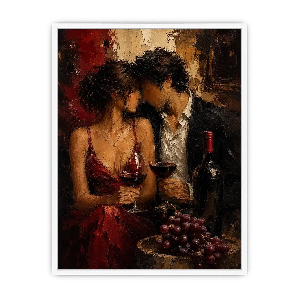 Romantic couple wine canvas art in deep red tones for dining room decor.