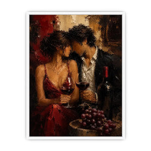 Romantic couple wine canvas art in deep red tones for dining room decor.
