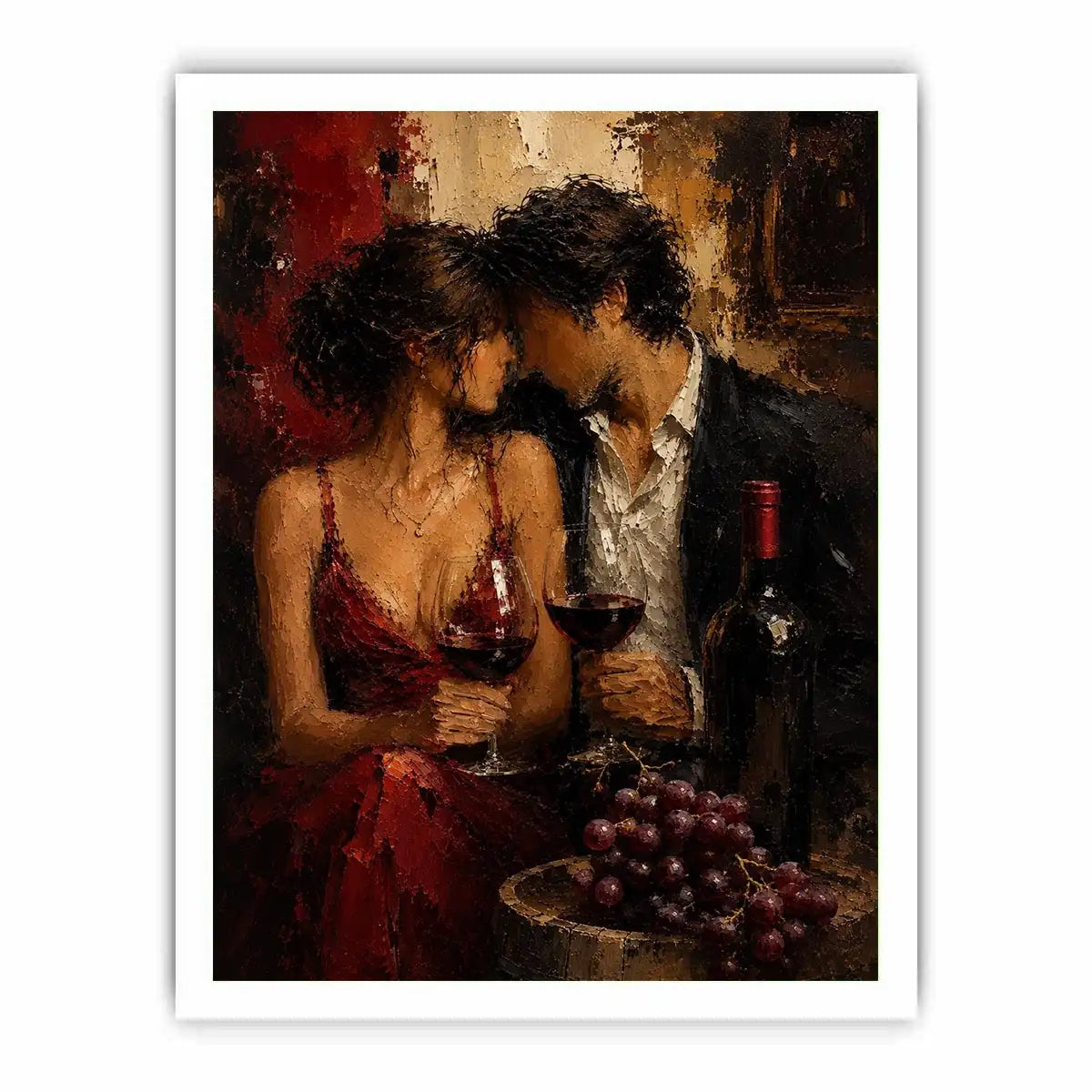 Romantic couple wine canvas art in deep red tones for dining room decor.