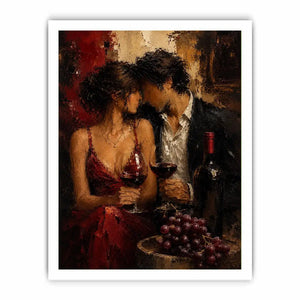 Romantic couple wine canvas art in deep red tones for dining room decor.