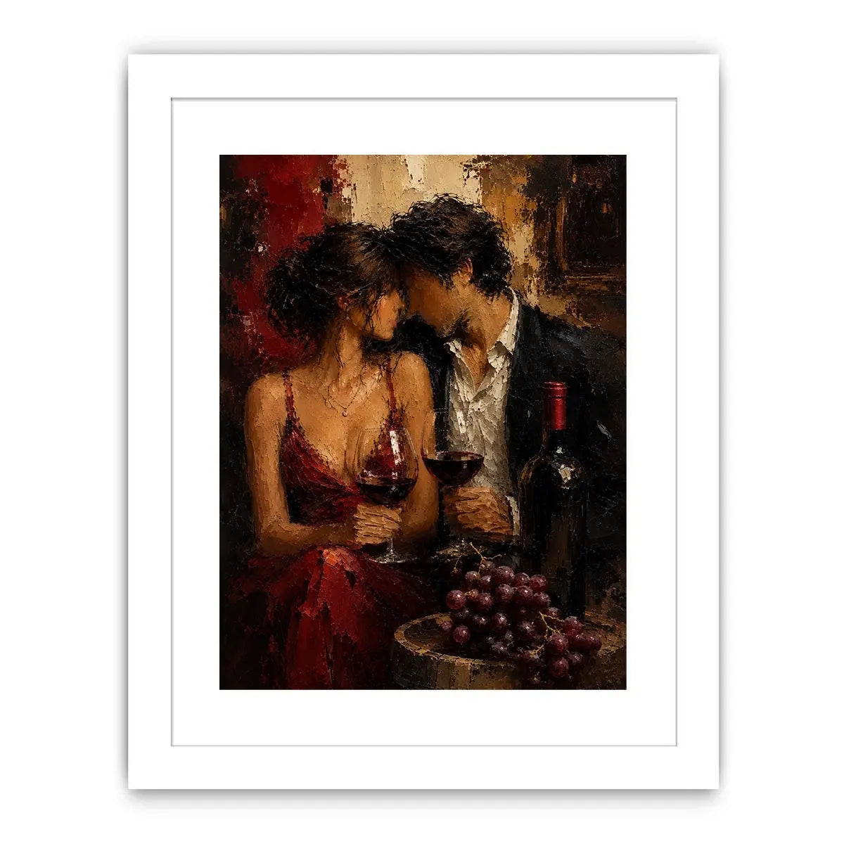 Romantic couple wine canvas art in deep red tones for dining room decor.