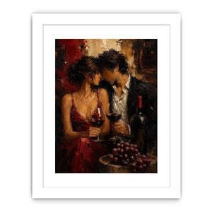Romantic couple wine canvas art in deep red tones for dining room decor.