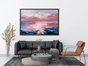 Abstract pink ocean sunset canvas art for serene bedroom and living room decor.