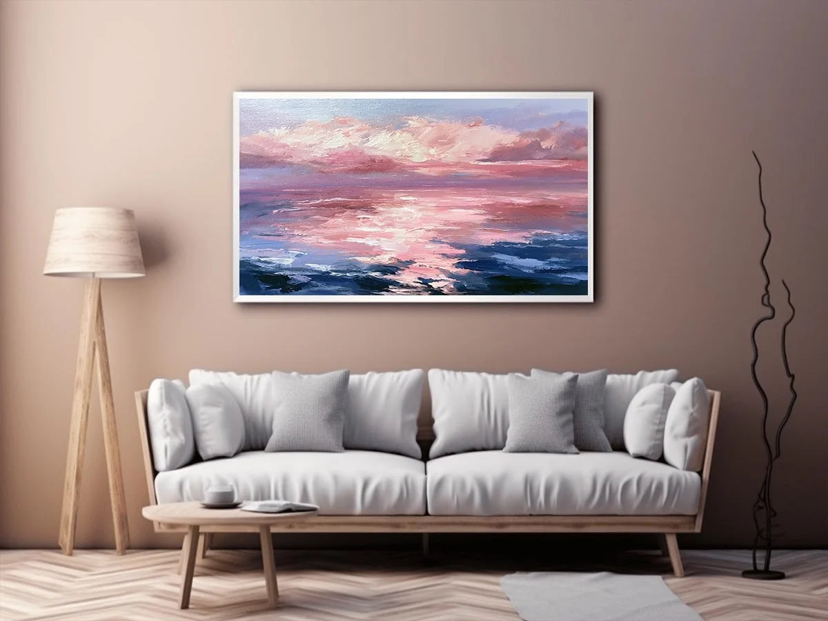 Abstract pink ocean sunset canvas art for serene bedroom and living room decor.