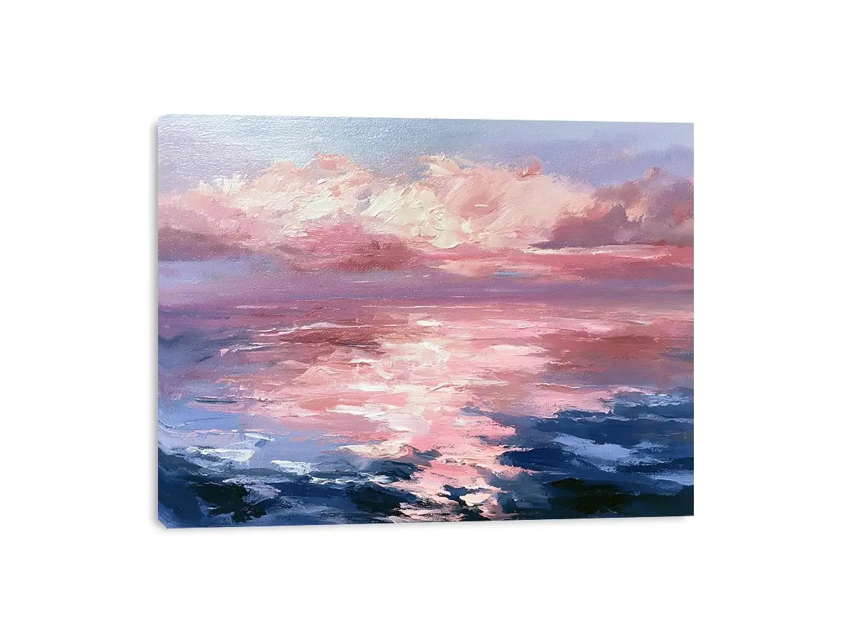 Abstract pink ocean sunset canvas art for serene bedroom and living room decor.