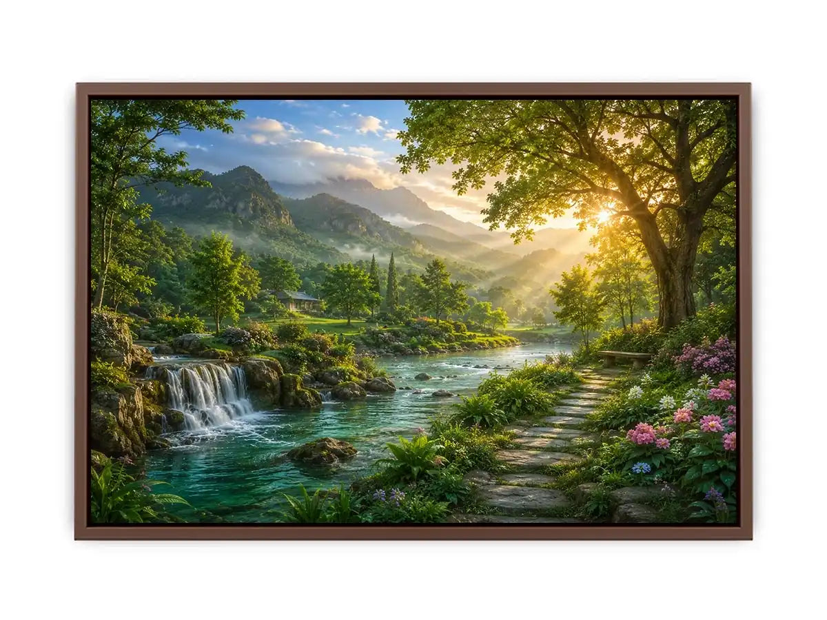 Lush mountain river landscape canvas art with waterfall for living room decor.