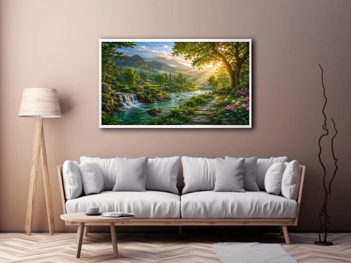 Lush mountain river landscape canvas art with waterfall for living room decor.