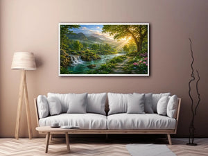Lush mountain river landscape canvas art with waterfall for living room decor.