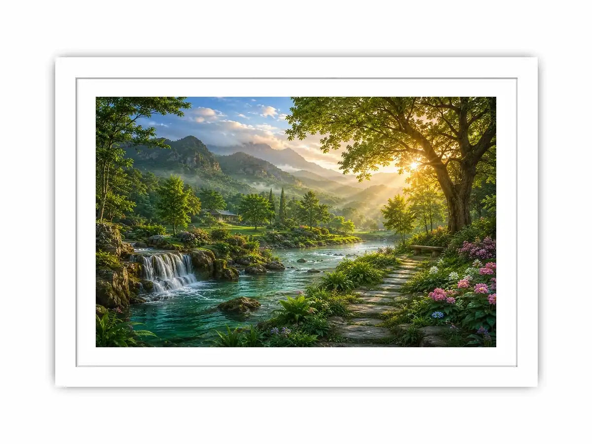 Lush mountain river landscape canvas art with waterfall for living room decor.