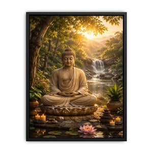 Peaceful Buddha meditation canvas art with lotus and waterfall for serene home decor.
