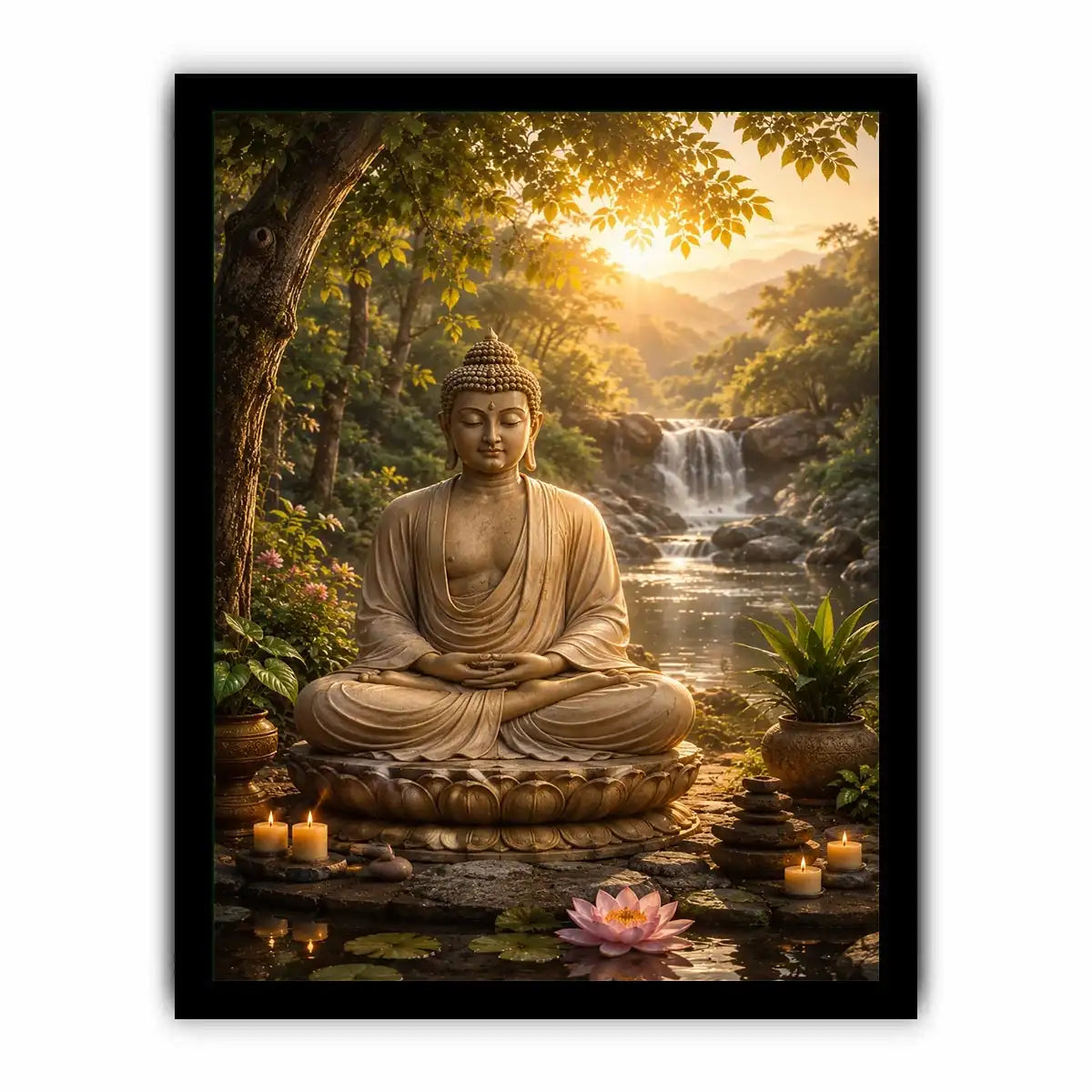 Peaceful Buddha meditation canvas art with lotus and waterfall for serene home decor.