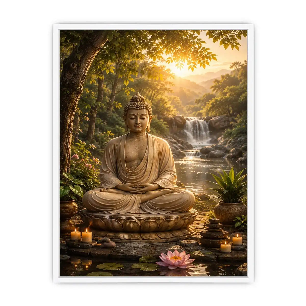 Peaceful Buddha meditation canvas art with lotus and waterfall for serene home decor.