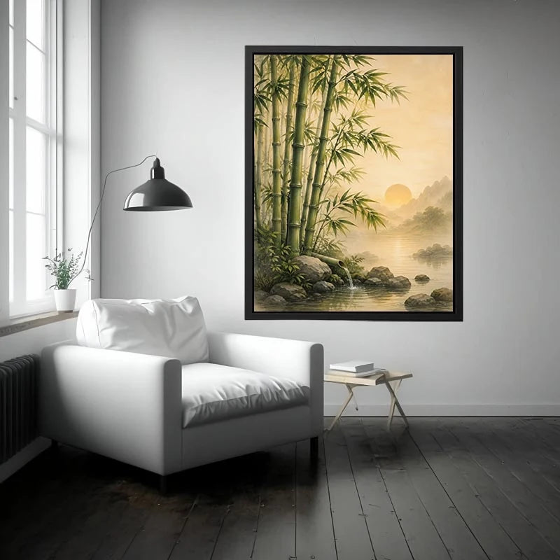 Asian bamboo landscape canvas art for calm bedroom or office decor.