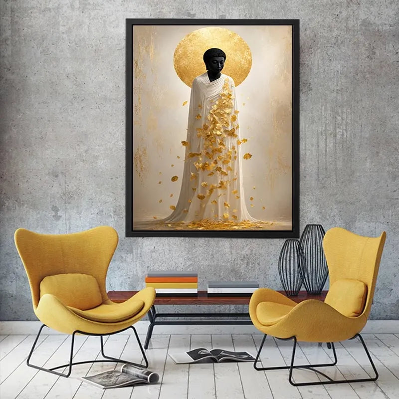 Spiritual Buddha canvas art with gold leaves for serene luxury decor.