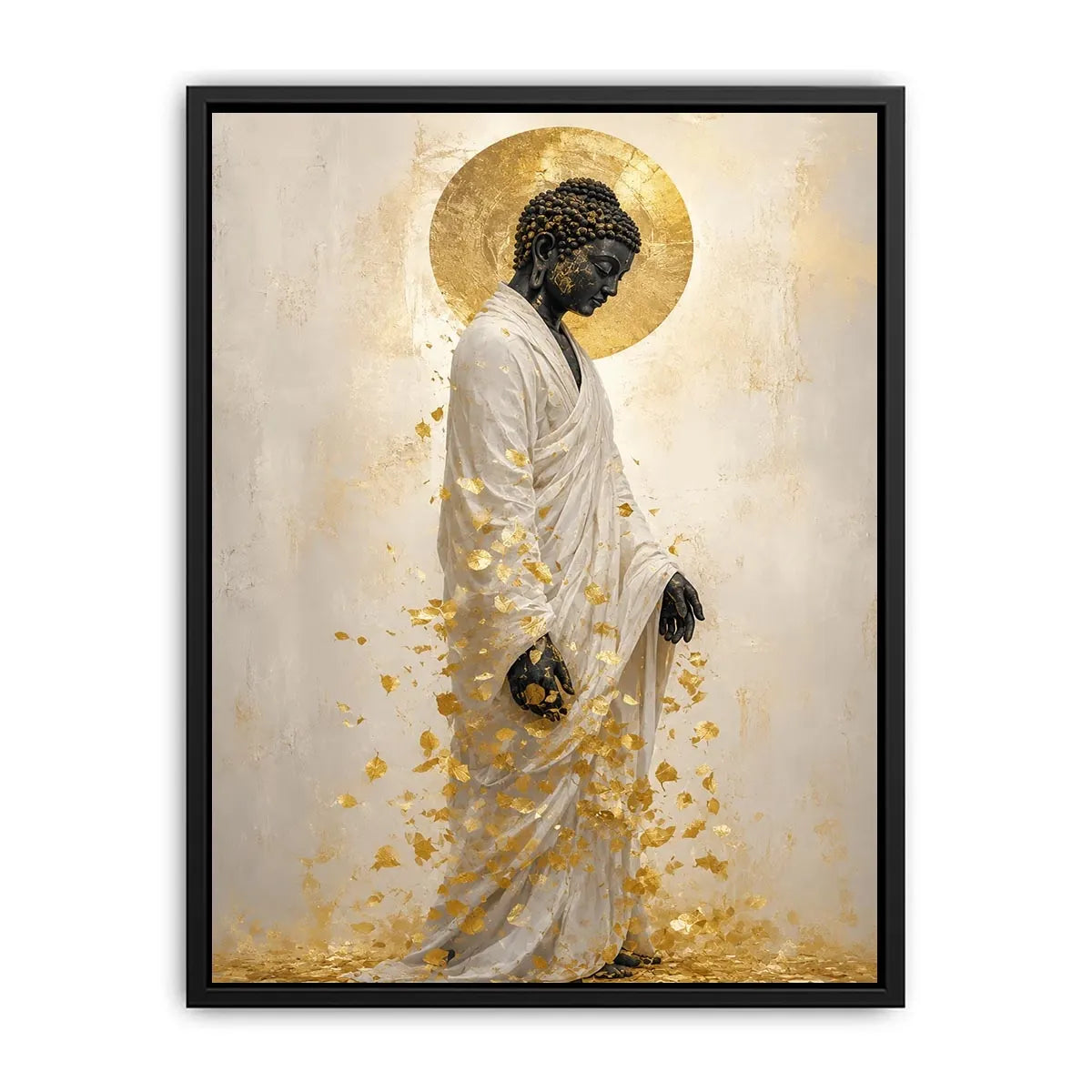 Elegant Buddha portrait canvas art with gold leaves for calm interiors.