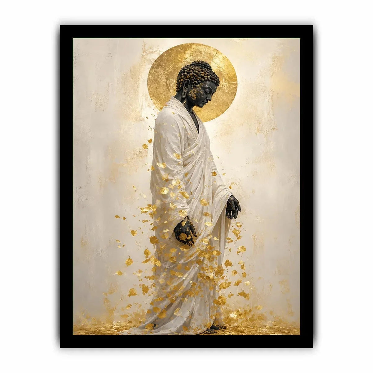 Elegant Buddha portrait canvas art with gold leaves for calm interiors.