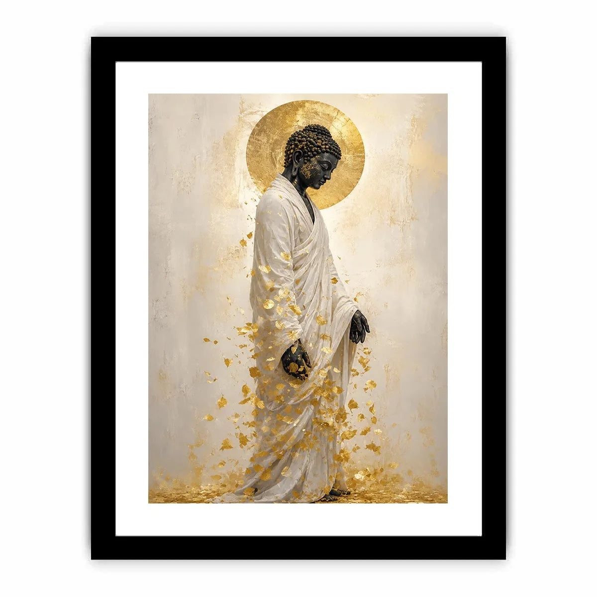 Elegant Buddha portrait canvas art with gold leaves for calm interiors.