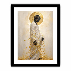 Elegant Buddha portrait canvas art with gold leaves for calm interiors.