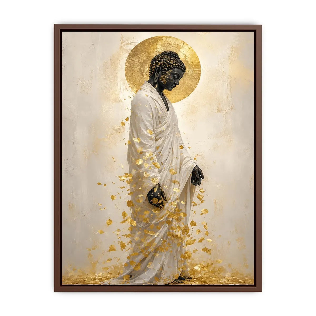 Elegant Buddha portrait canvas art with gold leaves for calm interiors.