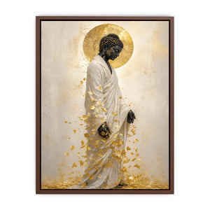 Elegant Buddha portrait canvas art with gold leaves for calm interiors.