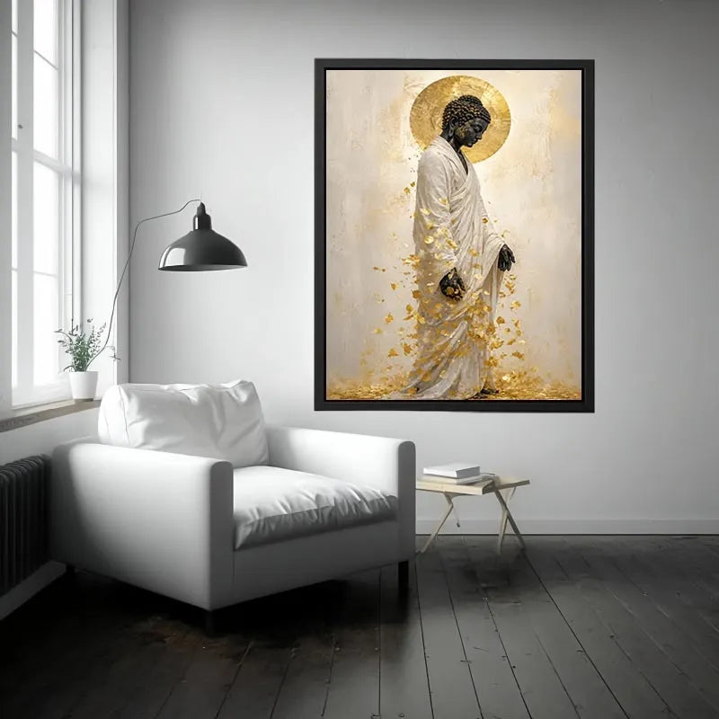 Elegant Buddha portrait canvas art with gold leaves for calm interiors.