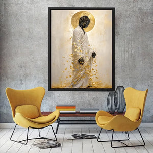 Elegant Buddha portrait canvas art with gold leaves for calm interiors.