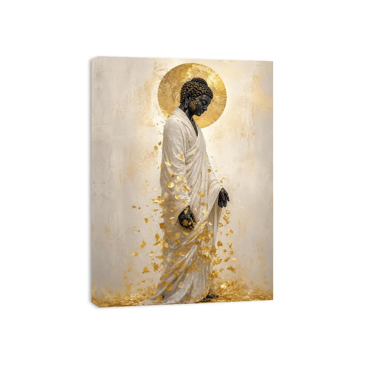 Elegant Buddha portrait canvas art with gold leaves for calm interiors.