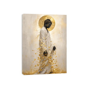 Elegant Buddha portrait canvas art with gold leaves for calm interiors.