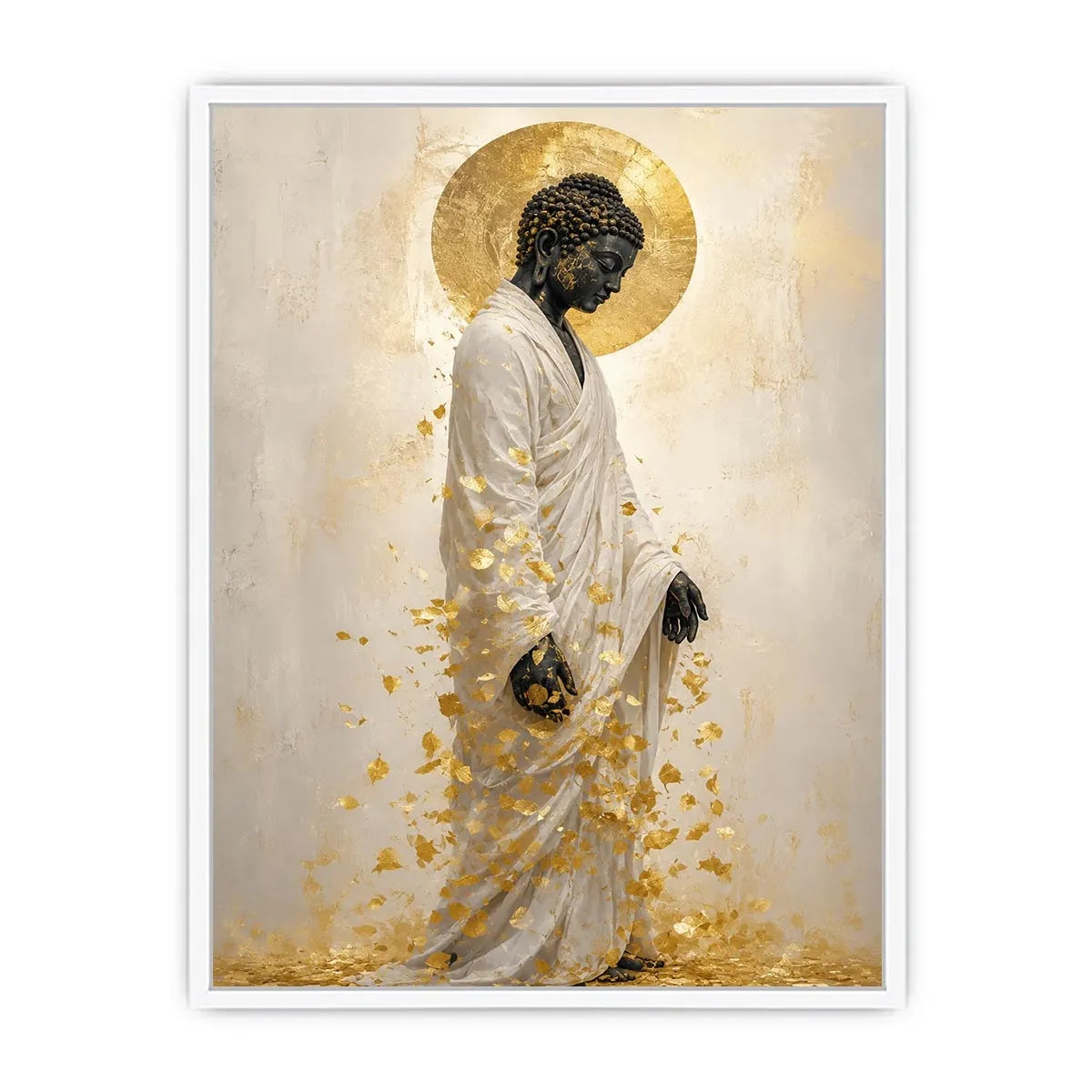 Elegant Buddha portrait canvas art with gold leaves for calm interiors.