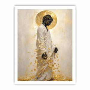 Elegant Buddha portrait canvas art with gold leaves for calm interiors.
