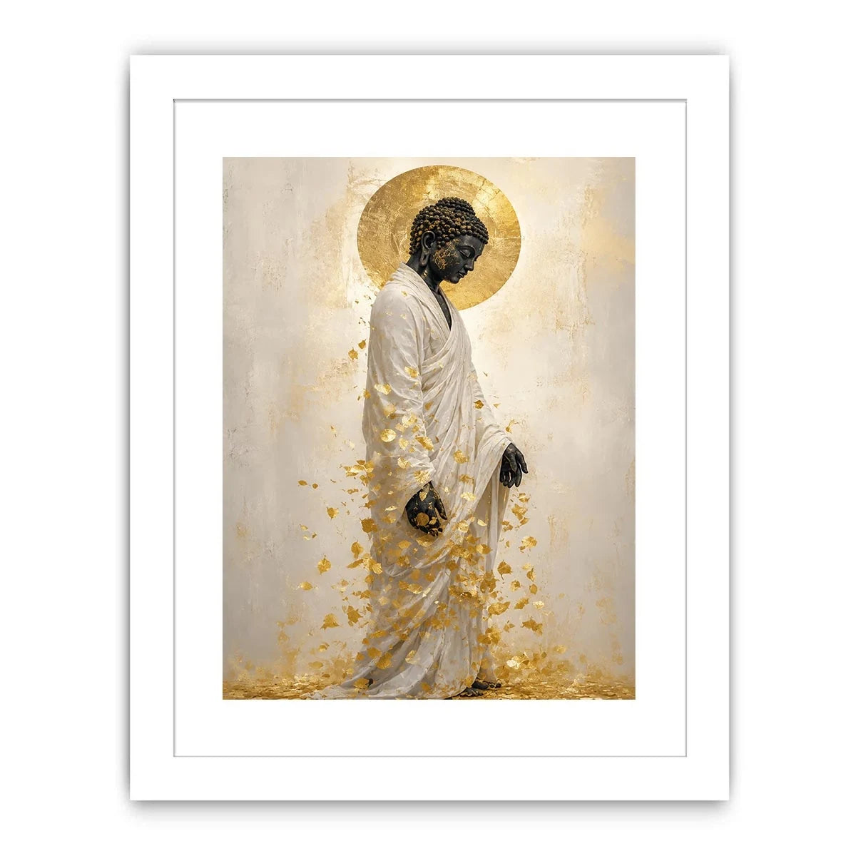 Elegant Buddha portrait canvas art with gold leaves for calm interiors.