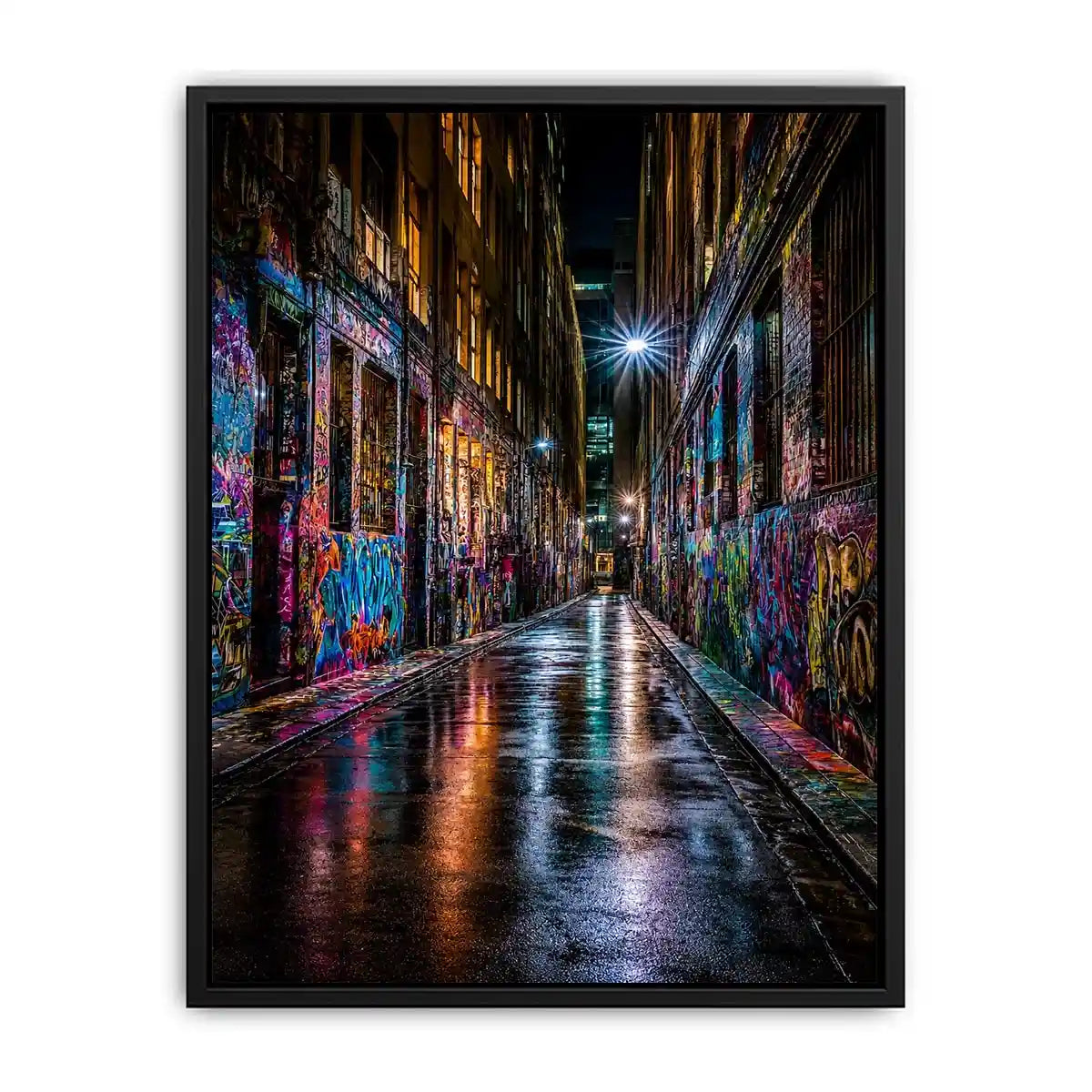 Neon graffiti alley canvas art for modern urban office decor.