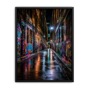 Neon graffiti alley canvas art for modern urban office decor.
