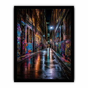 Neon graffiti alley canvas art for modern urban office decor.