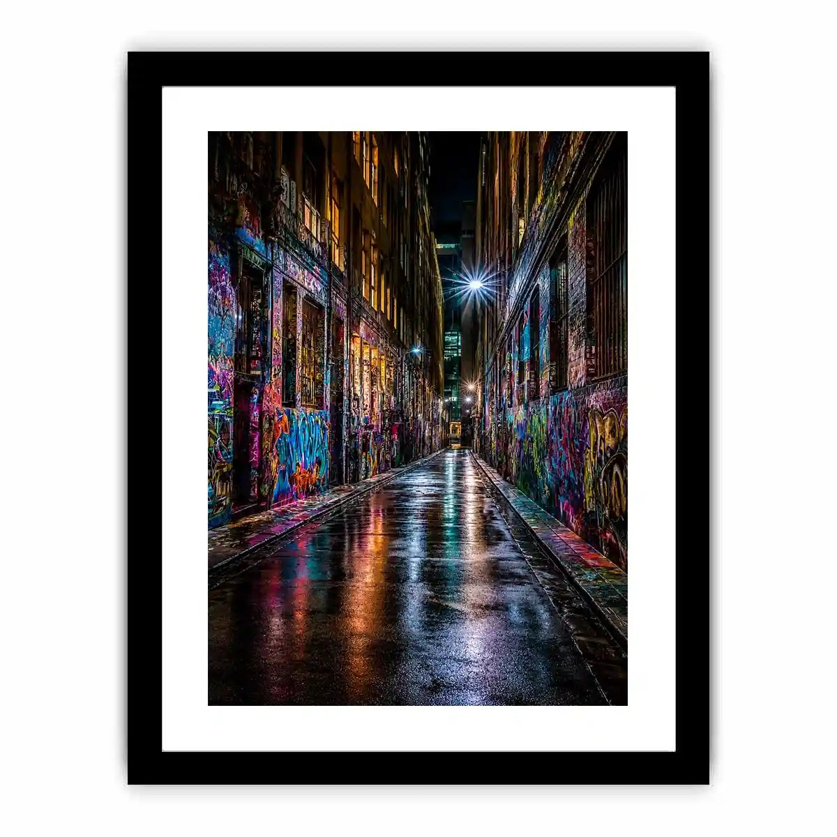 Neon graffiti alley canvas art for modern urban office decor.