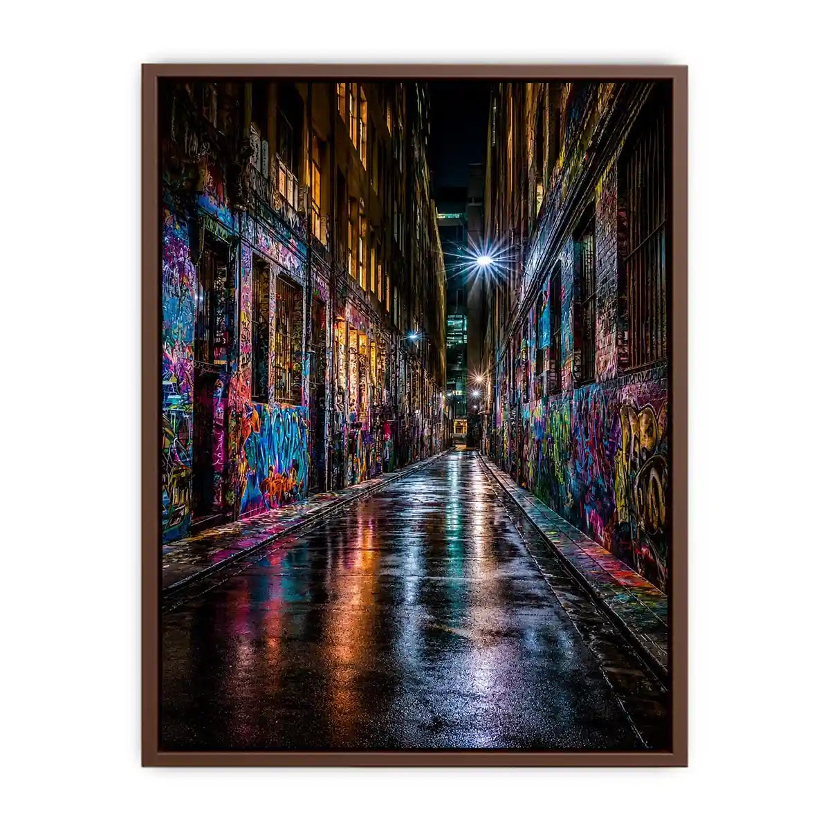 Neon graffiti alley canvas art for modern urban office decor.