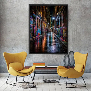 Neon graffiti alley canvas art for modern urban office decor.