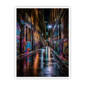 Neon graffiti alley canvas art for modern urban office decor.