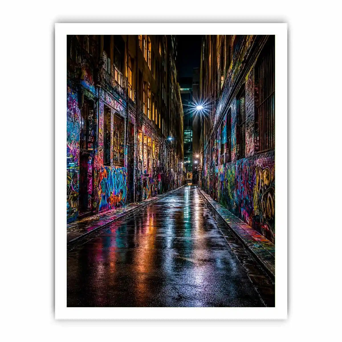 Neon graffiti alley canvas art for modern urban office decor.