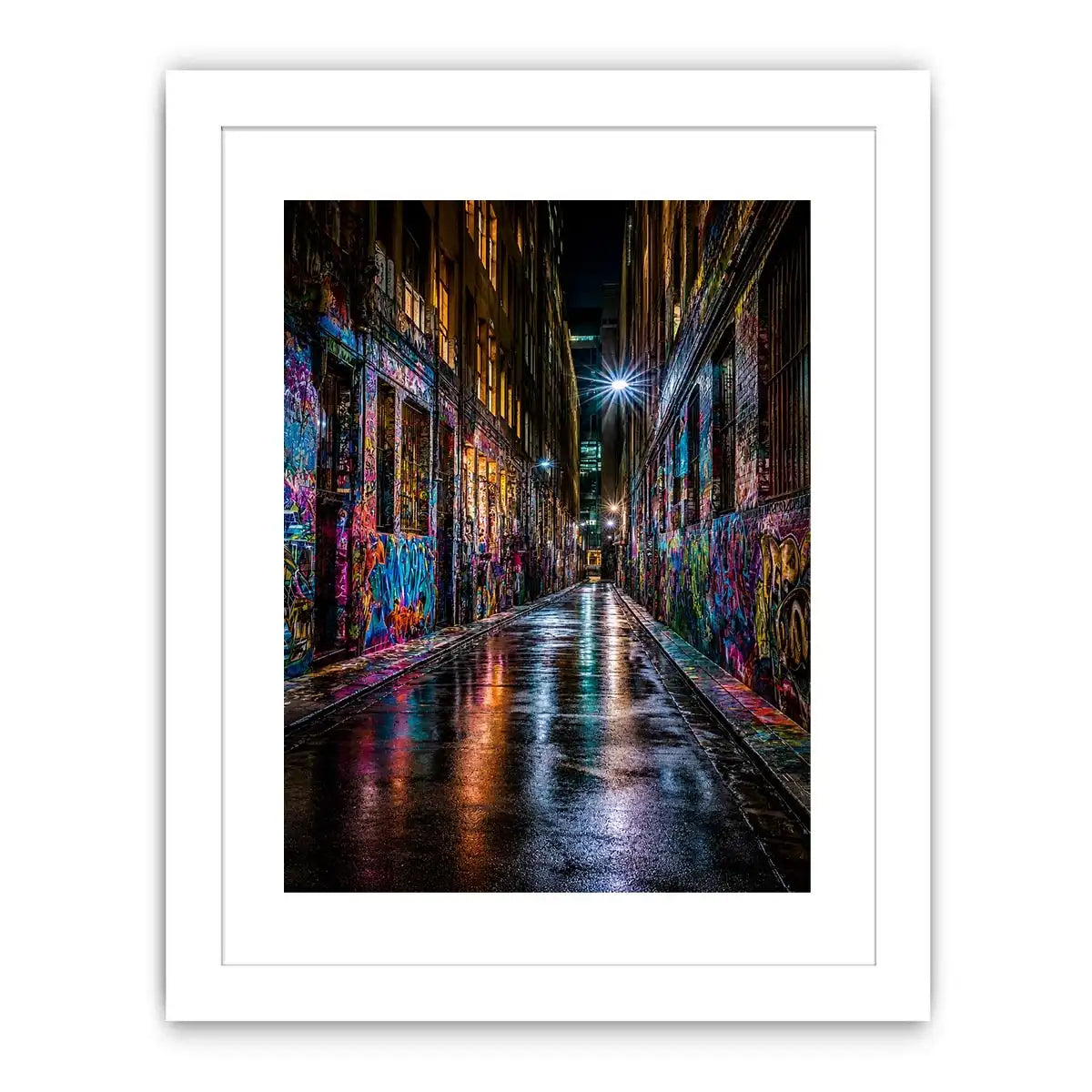 Neon graffiti alley canvas art for modern urban office decor.