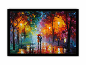 Colorful rainy park canvas art for cozy living room decor.