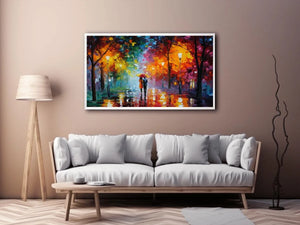 Colorful rainy park canvas art for cozy living room decor.