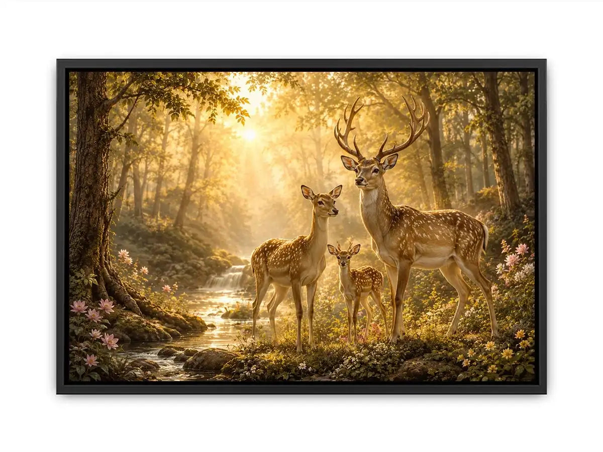 Deer family forest canvas art for warm nature inspired home decor.