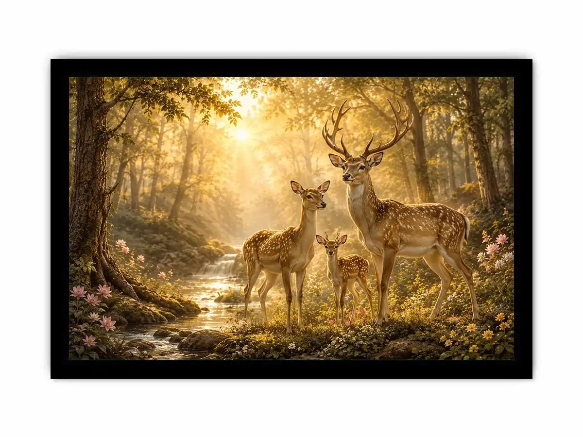 Deer family forest canvas art for warm nature inspired home decor.