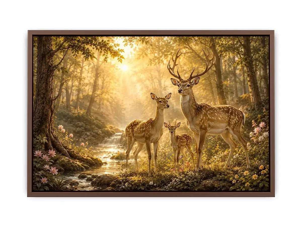 Deer family forest canvas art for warm nature inspired home decor.
