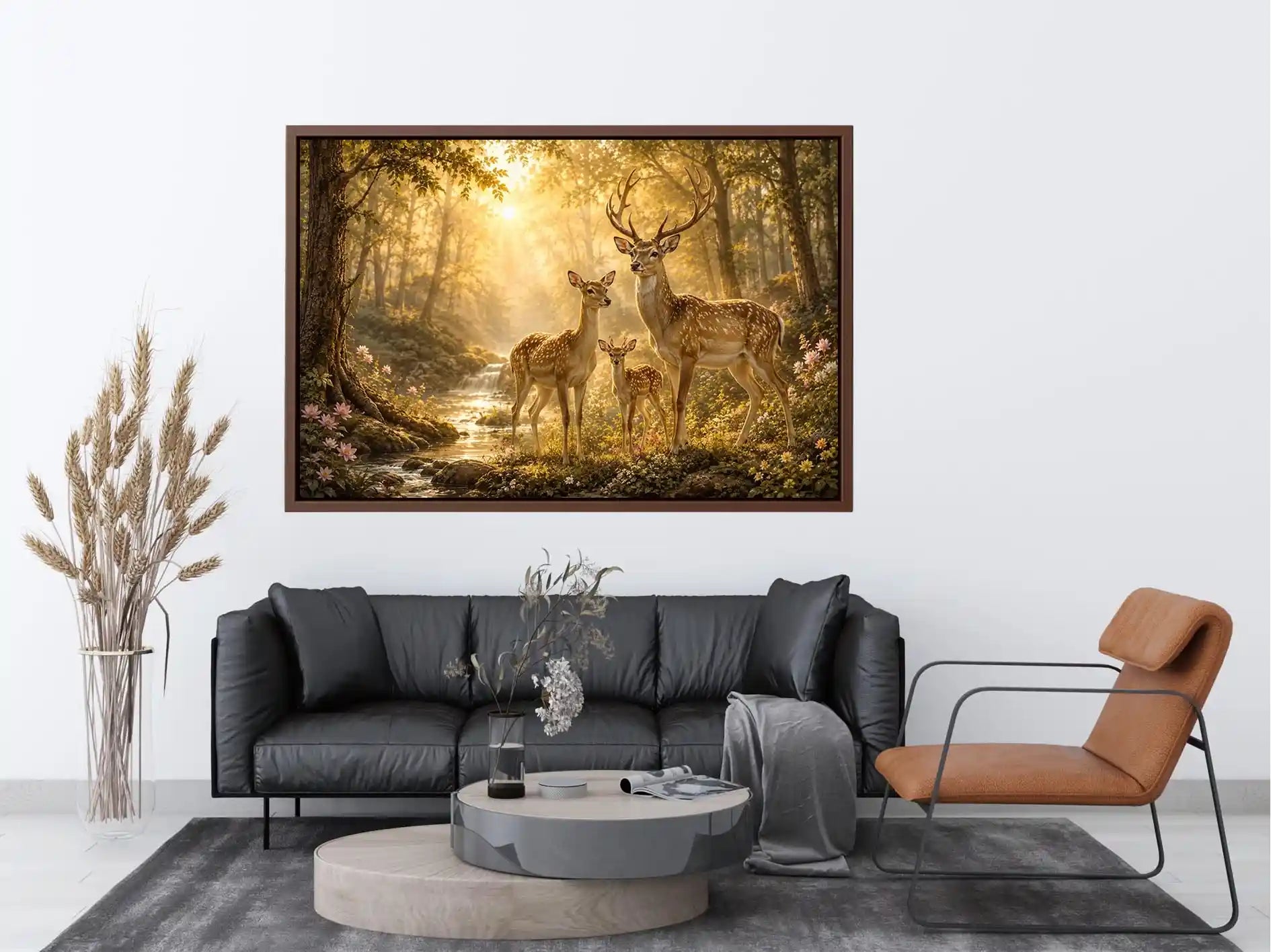 Deer family forest canvas art for warm nature inspired home decor.