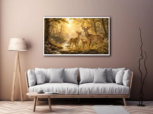 Deer family forest canvas art for warm nature inspired home decor.
