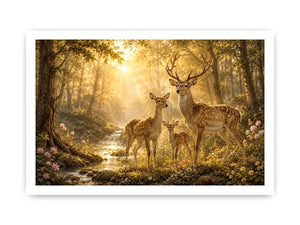 Deer family forest canvas art for warm nature inspired home decor.